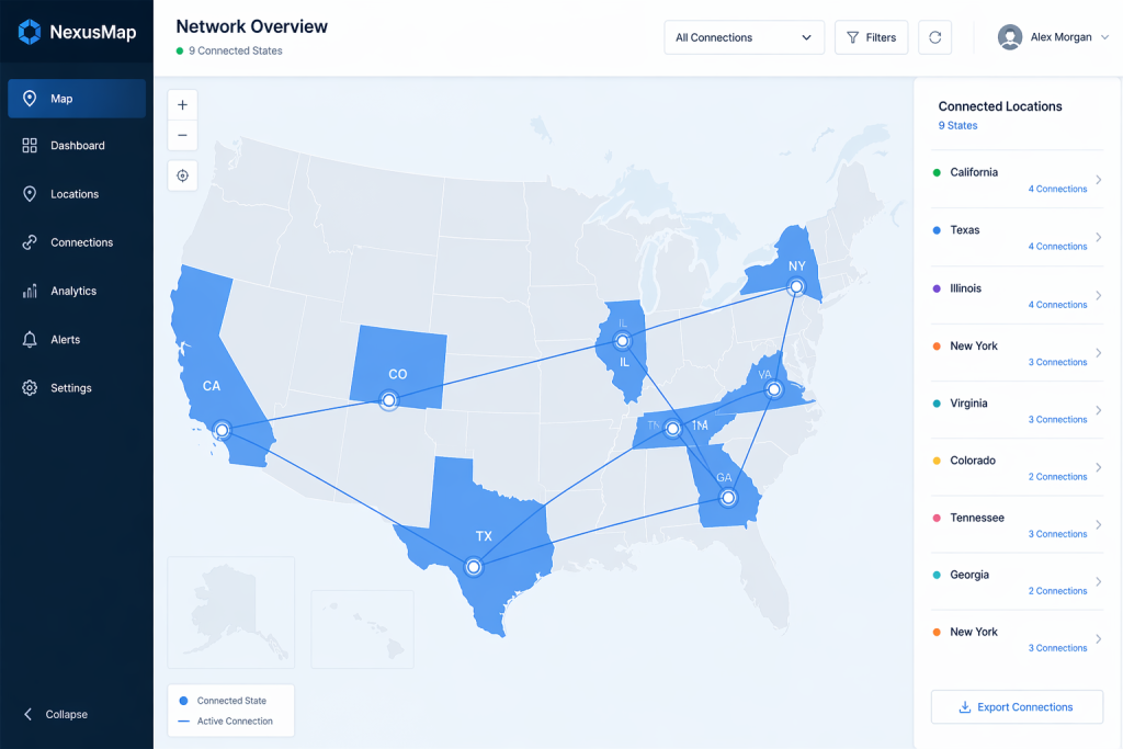 Digital map showing coordinated independent medical examinations across multiple U.S. states