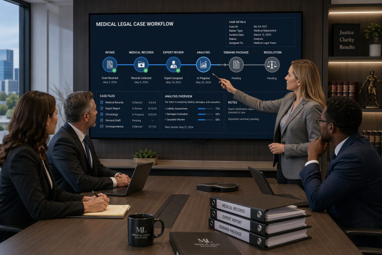 Medical legal team reviewing a workflow timeline on a screen in a professional office setting