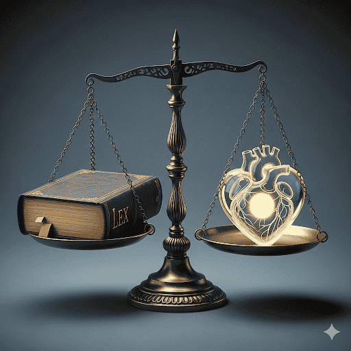 A balanced scale, with a law book on one side and a symbol representing ethics