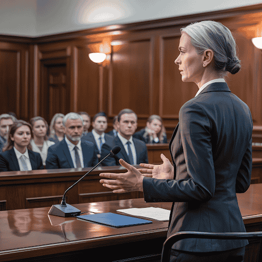 Courtroom scene with a medical expert testifying in a malpractice case.
