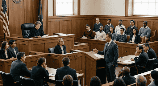 Jury and judge in courtroom during high-value civil litigation proceeding