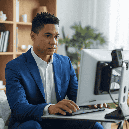 A psychiatry expert witness conducting a remote Independent Medical Evaluation (IME) via a secure telemedicine platform.