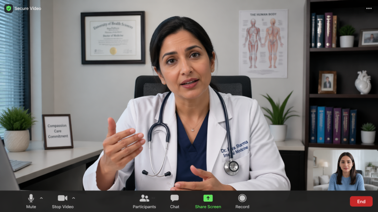 Virtual medical consultation with physician reviewing case files during remote evaluation