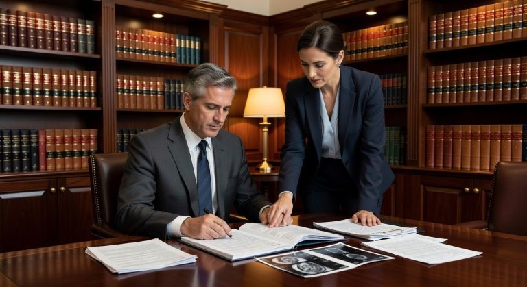 Attorney and physician consultant reviewing an IME report together at a conference table with law books nearby