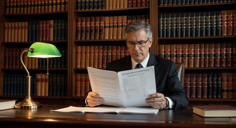 Attorney reviewing an IME medical report at a law office desk