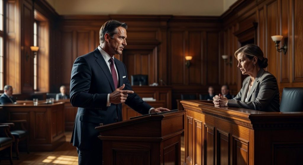 Attorney cross-examining a witness in a wood-paneled courtroom