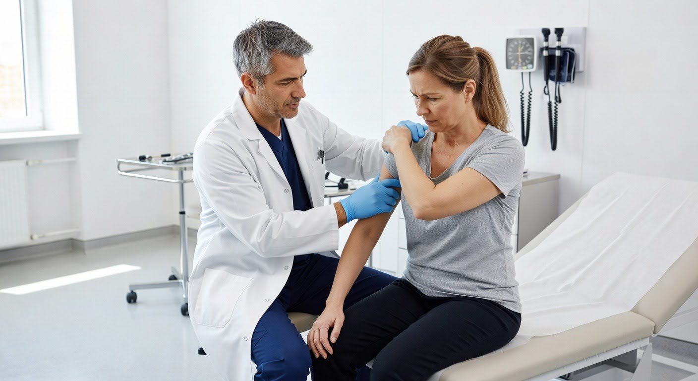 Doctor in a white coat performing a range of motion test on a patient in a clinical exam room