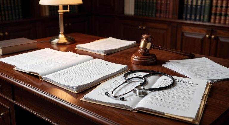 Doctor reviewing medical documents and legal files at a desk with a gavel in the background