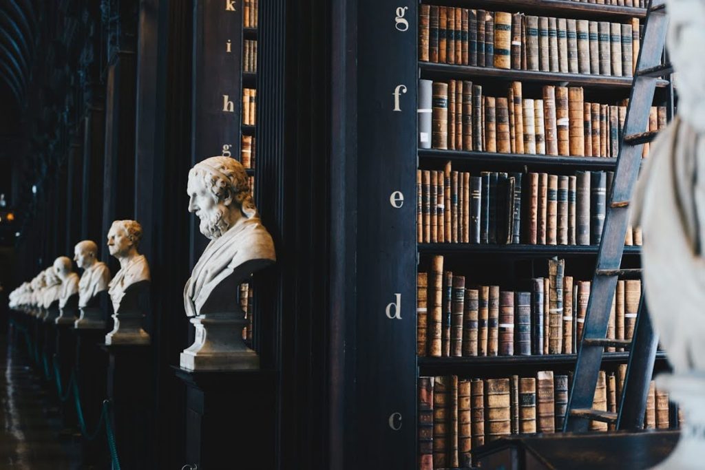 Historic law library with marble busts and antique legal volumes