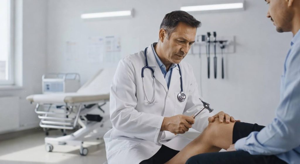 Physician in white coat performing a hands-on medical examination on a patient