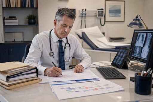 Physician comparing organized prior and current medical records with spine imaging