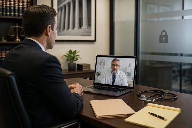 Secure virtual IME setup for a HIPAA-conscious virtual independent medical examination.