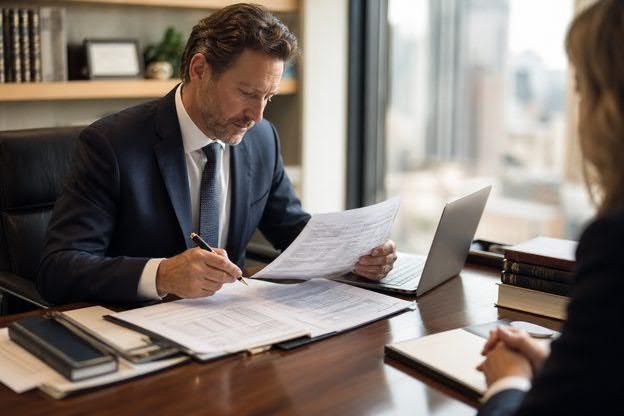 ttorney reviewing an approval memo and IME budgeting documents at a desk.