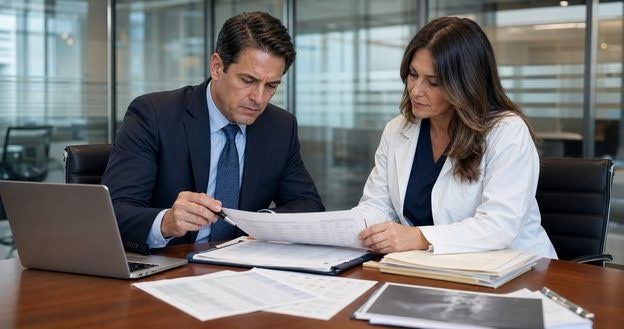 Attorney and physician reviewing IME quote assumptions and case documents in a conference room.