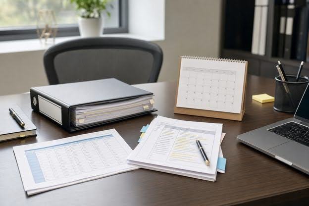 Desk scene with quote comparison papers, records binder, and scheduling calendar.