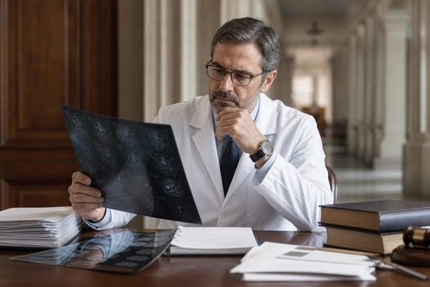 Physician expert witness preparing medical records and case materials before testimony