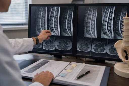 Physician comparing earlier and current spinal imaging beside a chronological record set