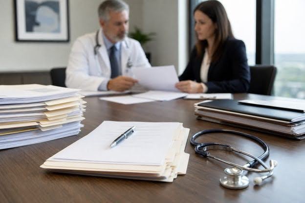 Attorney and physician reviewing an IME report addendum file in a professional office