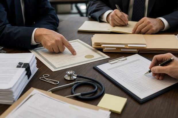 Medical license, board certification checklist, records, and deposition materials on a conference table
