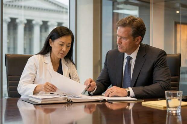 Physician and attorney reviewing medical expert credentials for high-stakes litigation