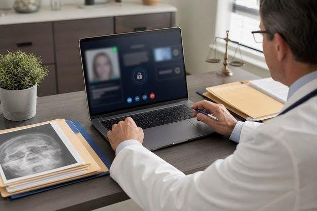 Virtual medical record review showing privacy-conscious handling of records for a remote IME.