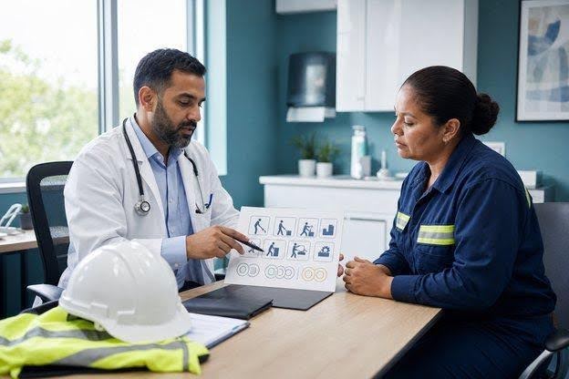 A physician reviews job-duty demands with a worker during a fit-for-duty consultation