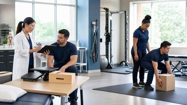 An occupational physician and rehabilitation clinician conducting different work-capacity assessments