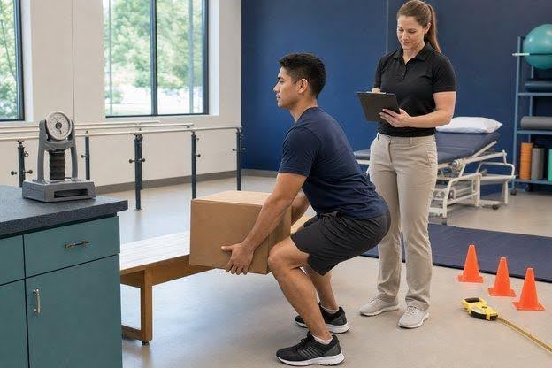 A rehabilitation clinician observes a standardized lifting task during a functional capacity evaluation
