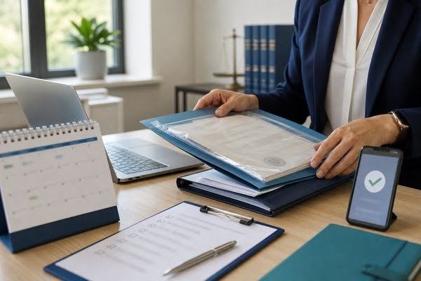 Case manager checking an IME calendar, confirmation checklist, and organized records