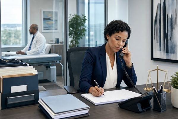 Case manager coordinating an independent medical examination appointment with a physician nearby