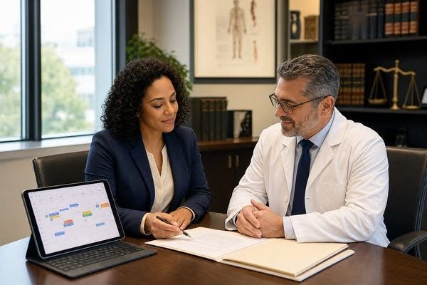 Case manager and physician reviewing a rescheduled IME calendar and organized case file