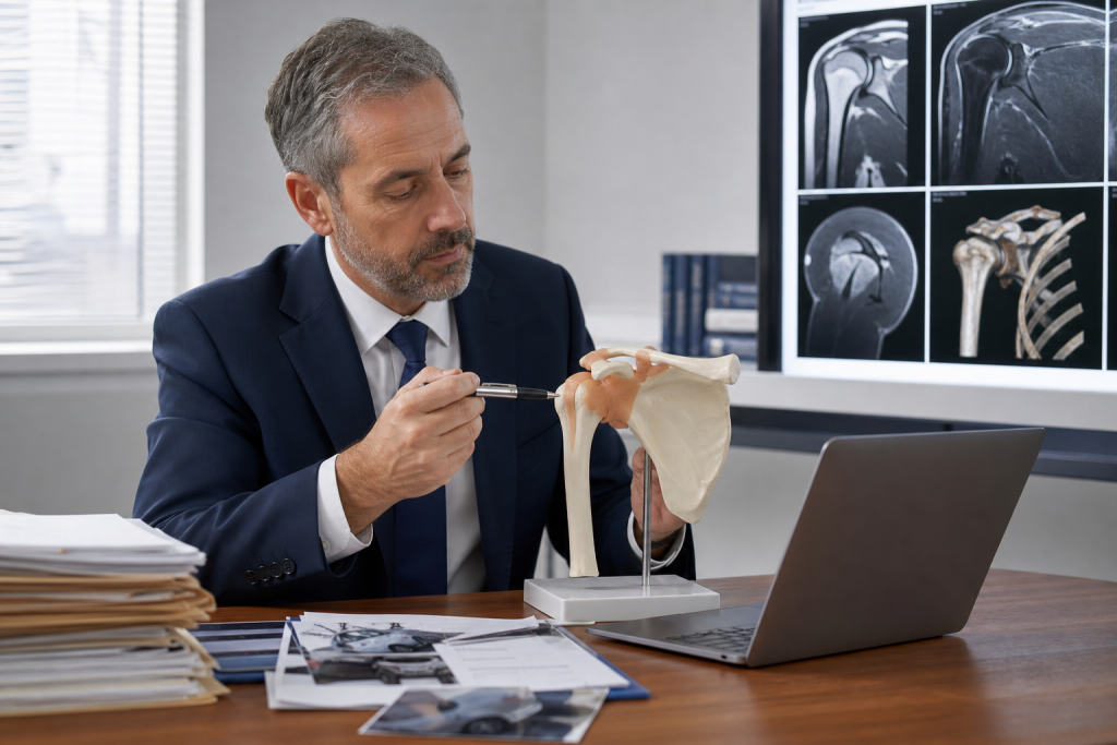 Physician analyzing whether the reported forces, affected anatomy, and objective findings are consistent with the proposed injury theory.