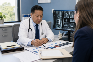 Physician reviewing medical records and diagnostic imaging during a medical causation IME