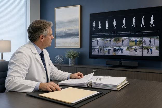 IME physician reviewing surveillance footage alongside organized medical records