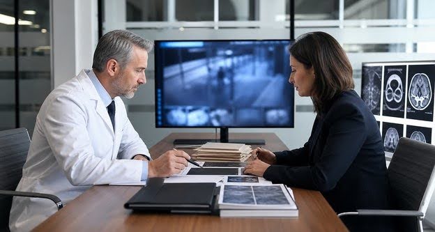IME physician and legal professional separating medical review from video evidence questions