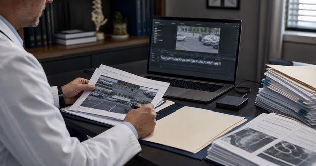 Physician reviewing a video timeline, observation images, and organized case records