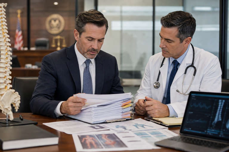 Doctor and attorney reviewing medical paperwork during an IME case discussion