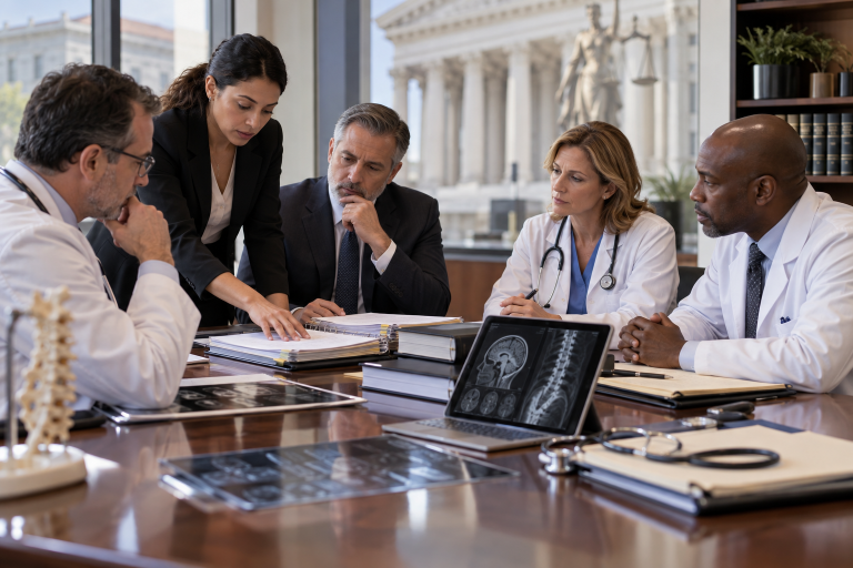 Doctors and attorneys meeting around a conference table to discuss a medical-legal case.