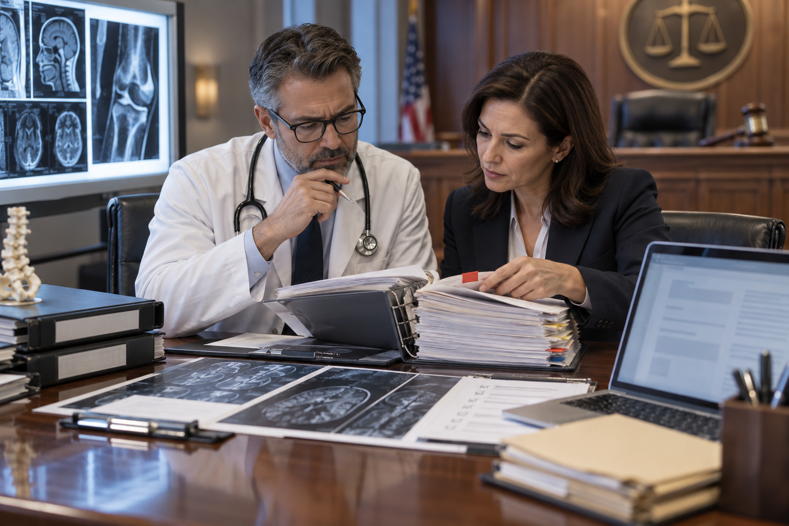 A lawyer and a doctor examining medical examination paperwork together at a desk.