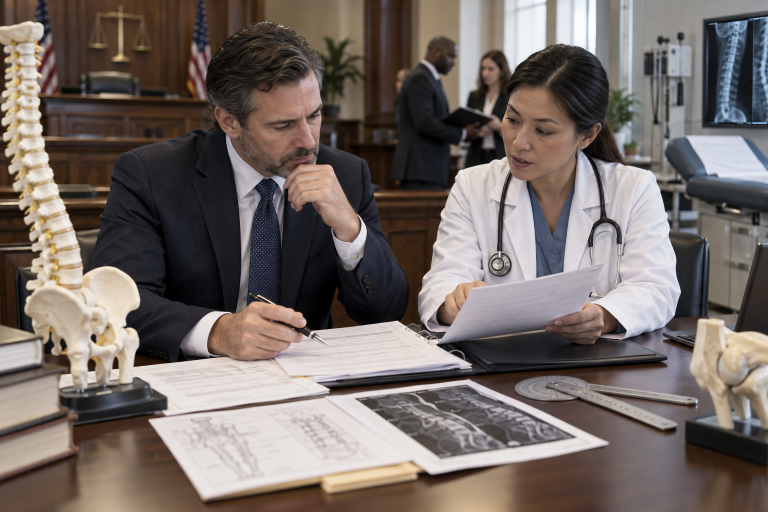Physician and attorney reviewing medical records and impairment-related documents in a consultation room.