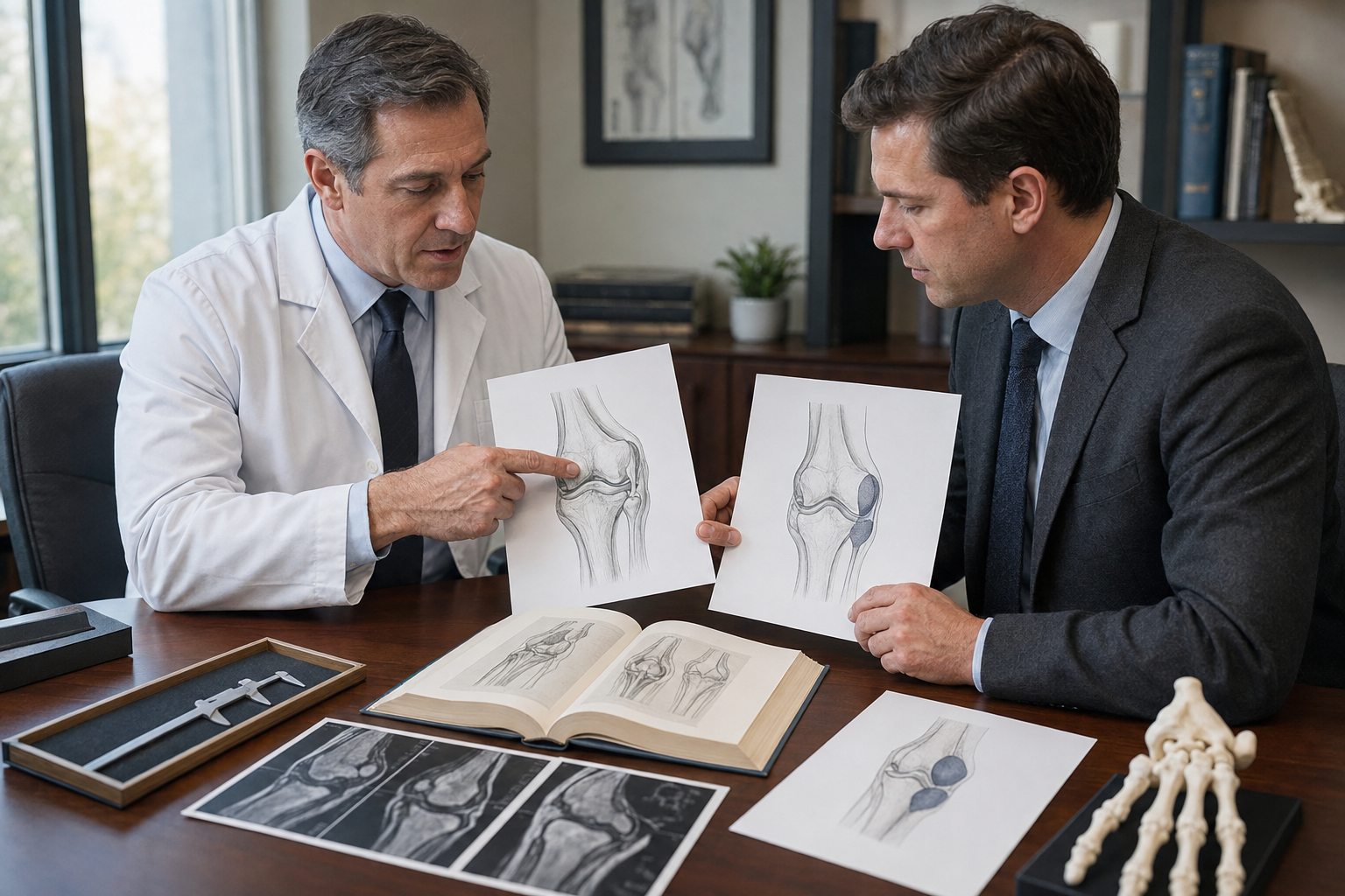 Physician and attorney reviewing examination records to assess an IME disability rating