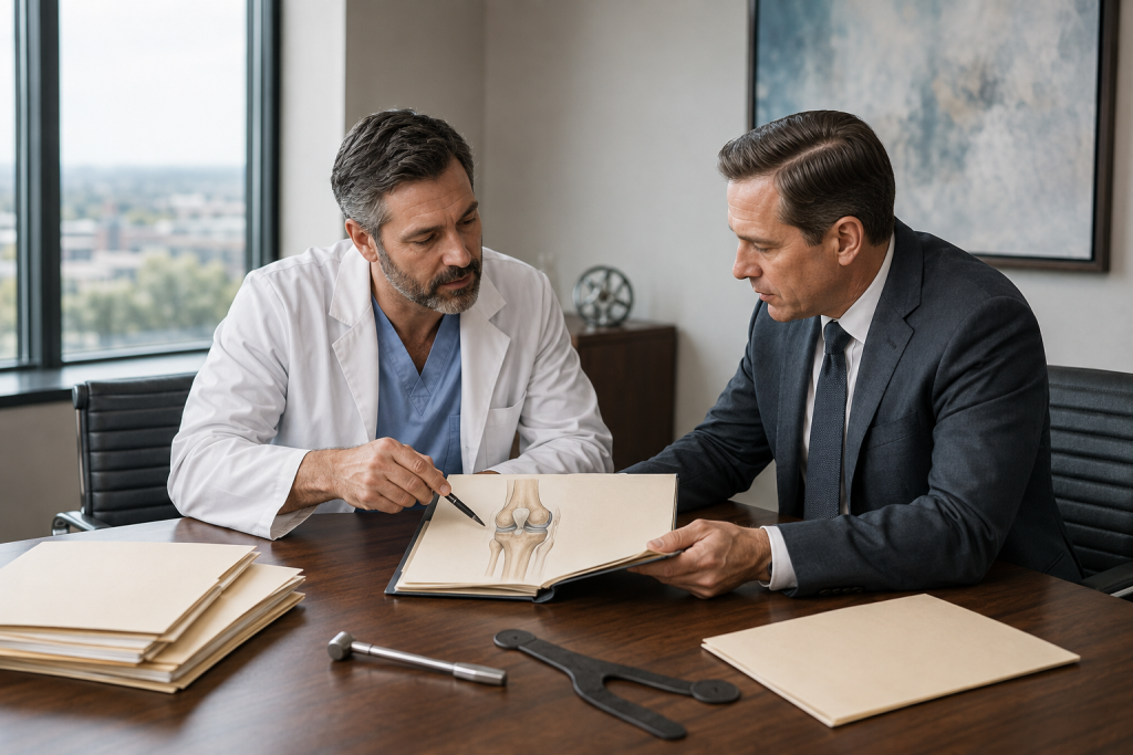 Physician and attorney reviewing a medical file in a consultation room