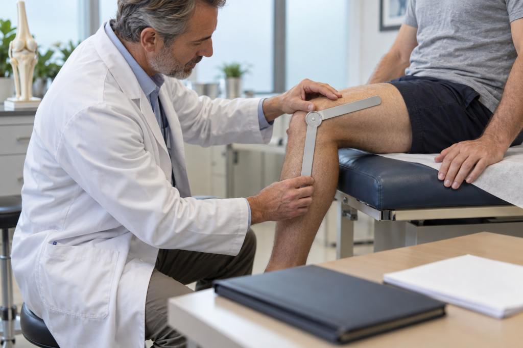 Physician measuring a patient’s knee mobility during an examination in a medical room.