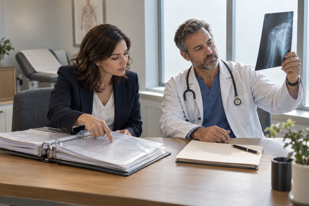 A physician and a reviewer comparing medical records at a desk in a consultation room.