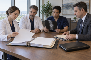 Three physicians reviewing medical records with an attorney in a conference room.