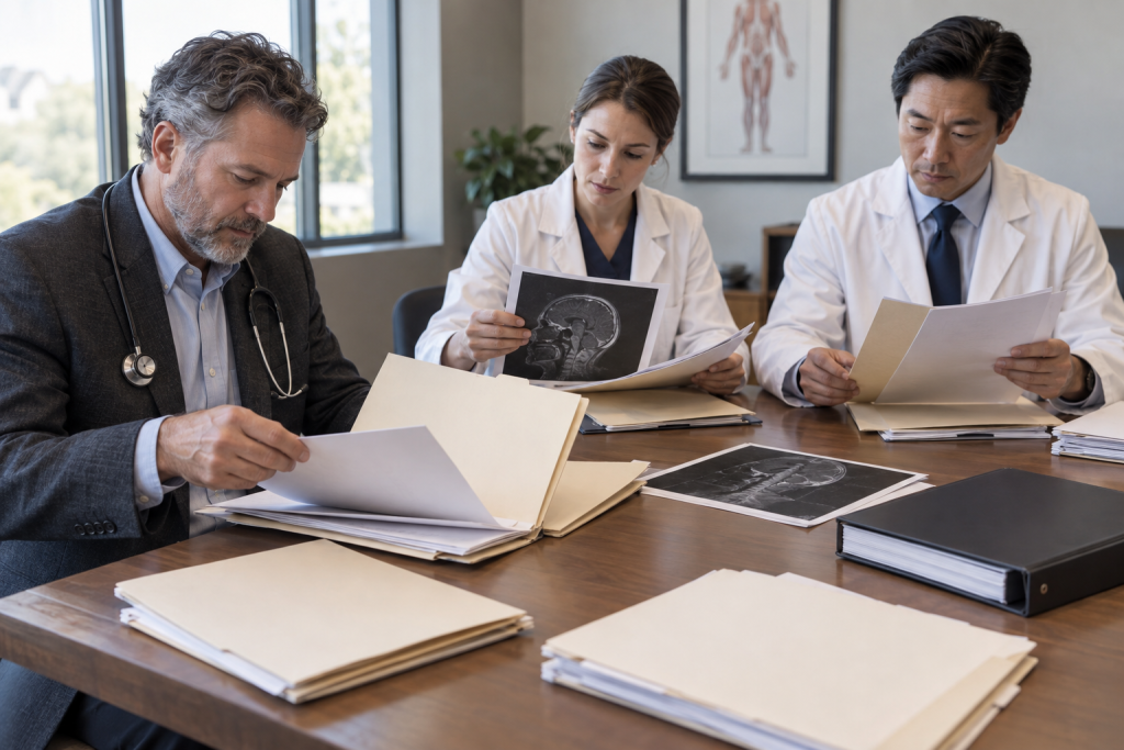 Three physicians reviewing separate case folders in a medical conference room for completeness and consistency.